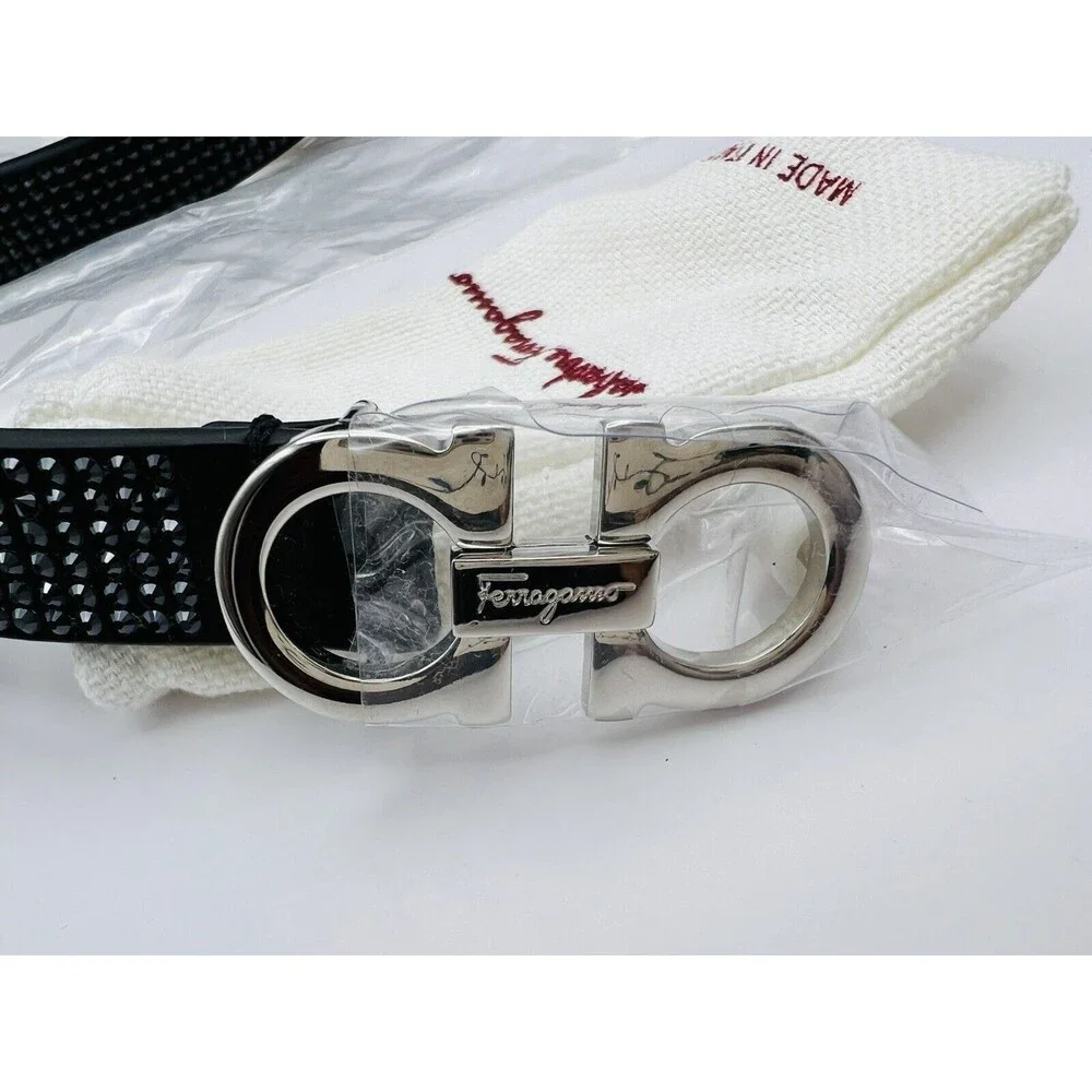 Salvatore Ferragamo Gancini Crystal-Embellished Black Nero Leather Belt  $580